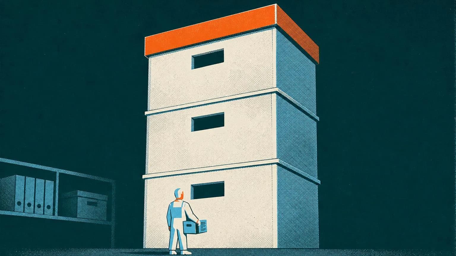 Drobná postava zezadu s krabičkou pod paží před obří věží archivních krabic s oranžovým víkem.